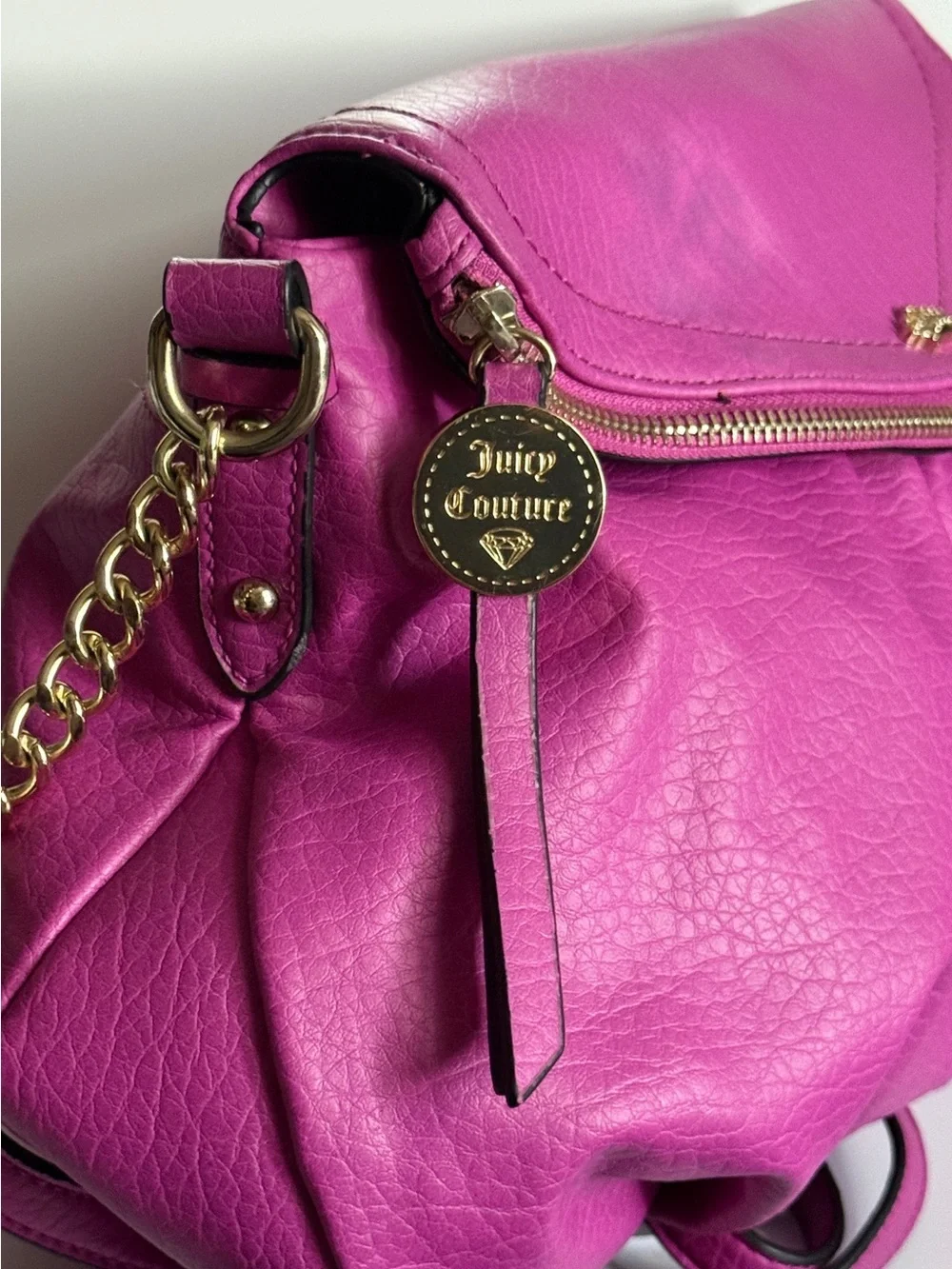 Juicy Couture Greta Flap Crossbody Bag Fuchsia Pink Gold Chain Y2K Hobo Purse